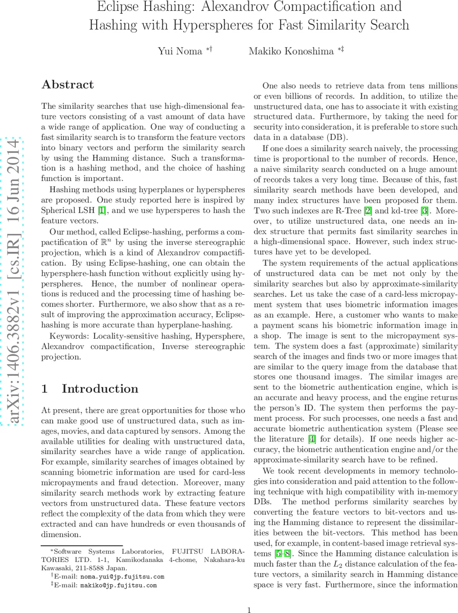 Eclipse Hashing: Alexandrov Compactification and Hashing with   Hyperspheres for Fast Similarity Search