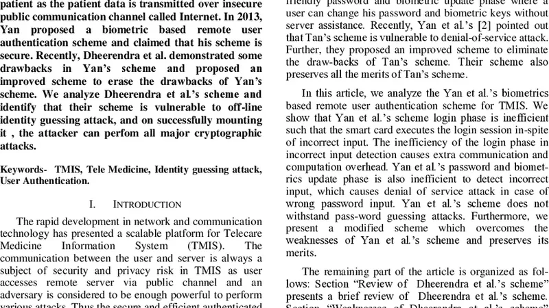 Cryptanalysis of Cryptanalysis and Improvement of Yan et al   Biometric-Based Authentication Scheme for TMIS