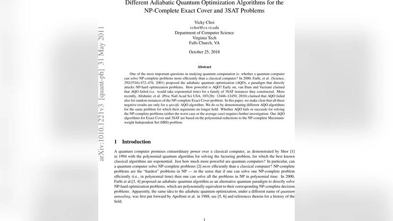 Different Adiabatic Quantum Optimization Algorithms for the NP-Complete   Exact Cover and 3SAT Problems