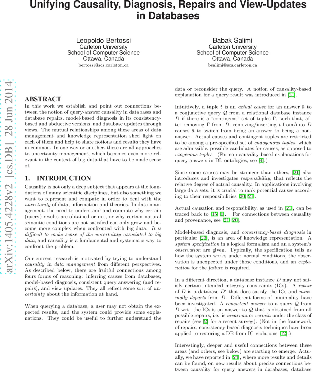 Unifying Causality, Diagnosis, Repairs and View-Updates in Databases