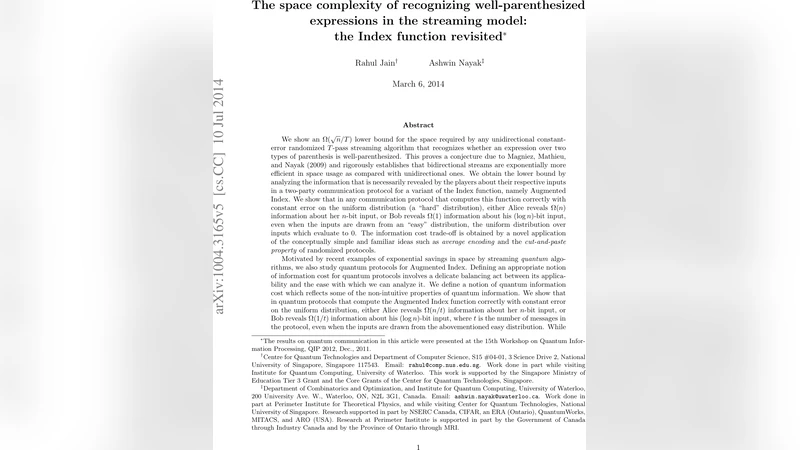The space complexity of recognizing well-parenthesized expressions in   the streaming model: the Index function revisited
