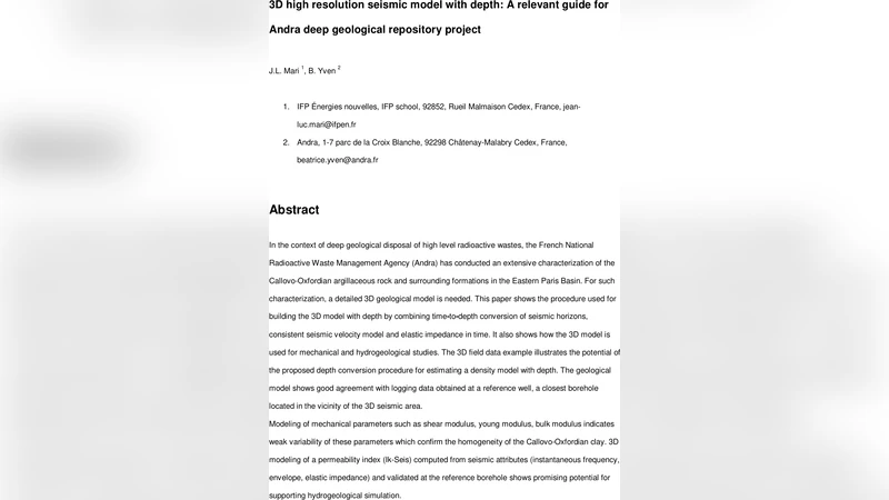 The application of high-resolution 3D seismic data to model the   distribution of mechanical and hydrogeological properties of a potential host   rock for the deep storage of radioactive waste in France