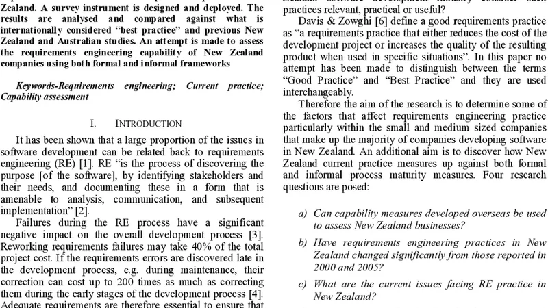 Requirements engineering current practice and capability in small and   medium software development enterprises in New Zealand