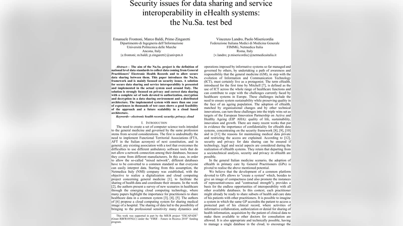 Security issues for data sharing and service interoperability in eHealth   systems: the Nu.Sa. test bed