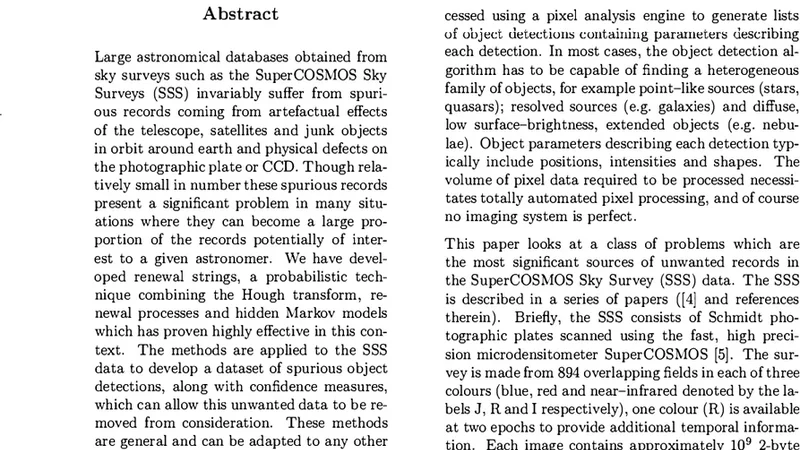 Renewal Strings for Cleaning Astronomical Databases