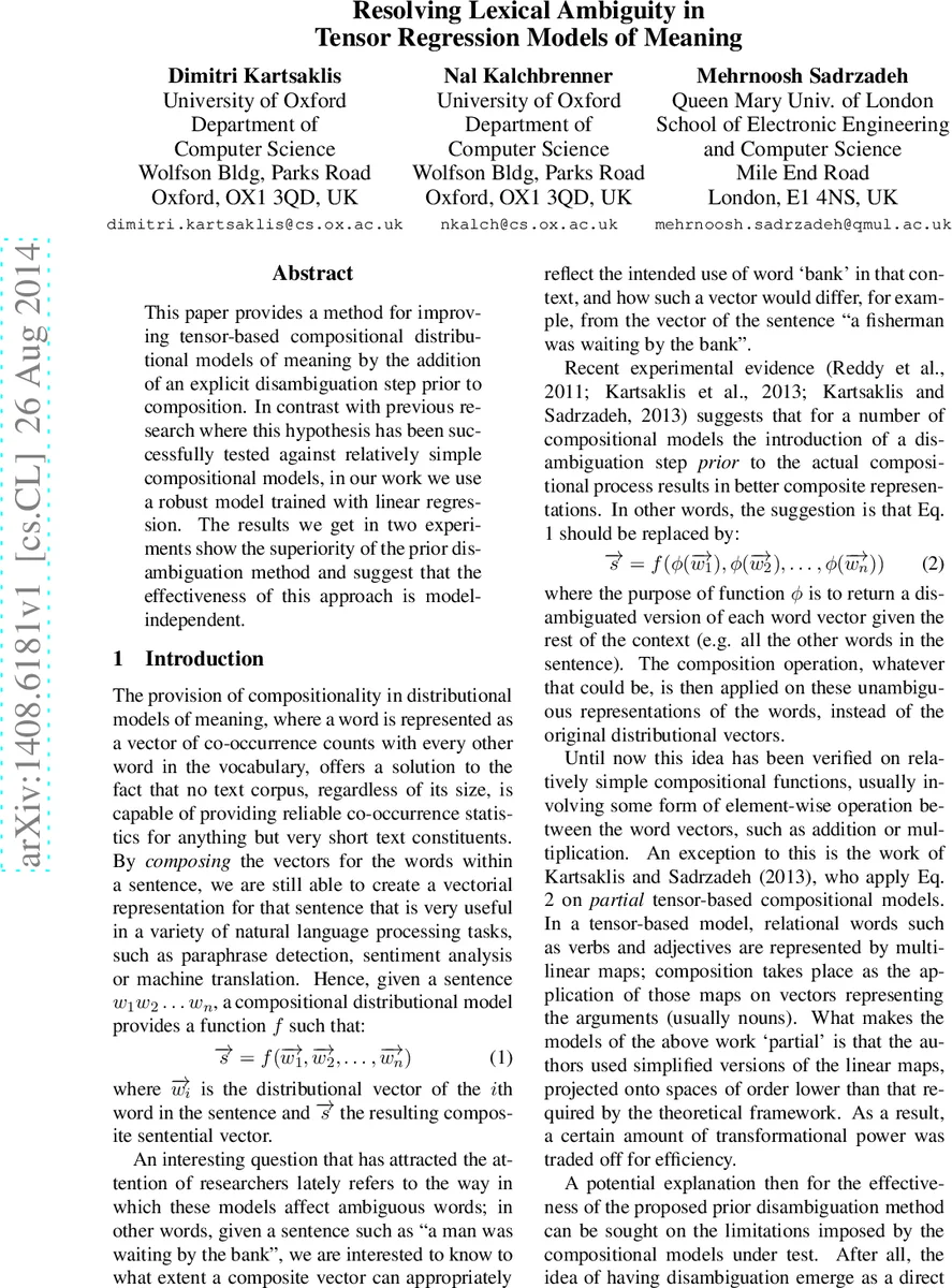 Resolving Lexical Ambiguity in Tensor Regression Models of Meaning