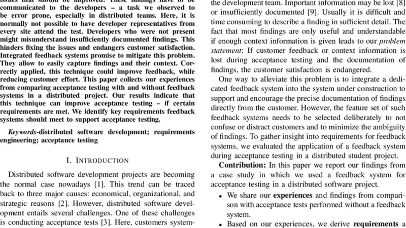 Supporting acceptance testing in distributed software projects with   integrated feedback systems: Experiences and requirements