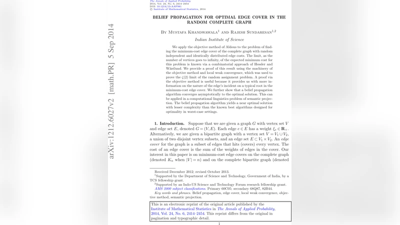Belief propagation for optimal edge cover in the random complete graph