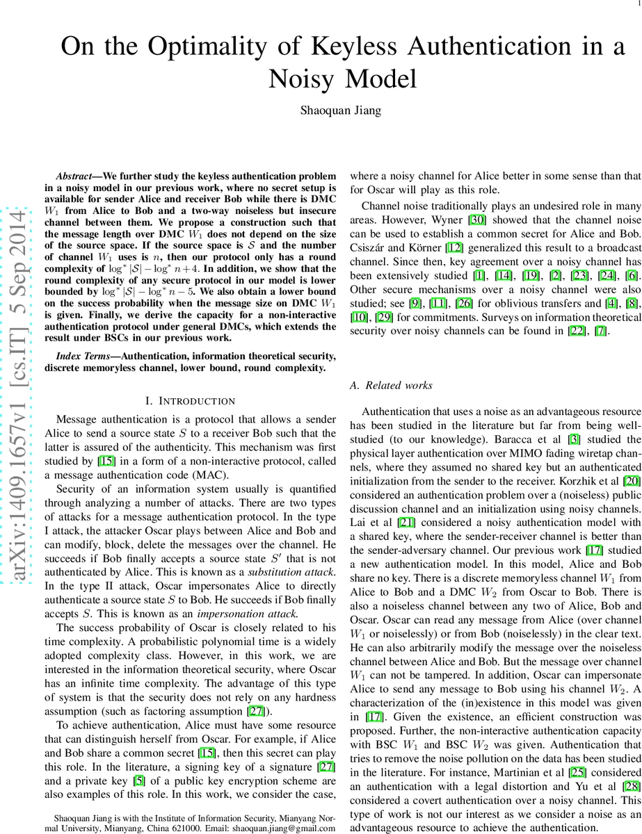 On the Optimality of Keyless Authentication in a Noisy Model
