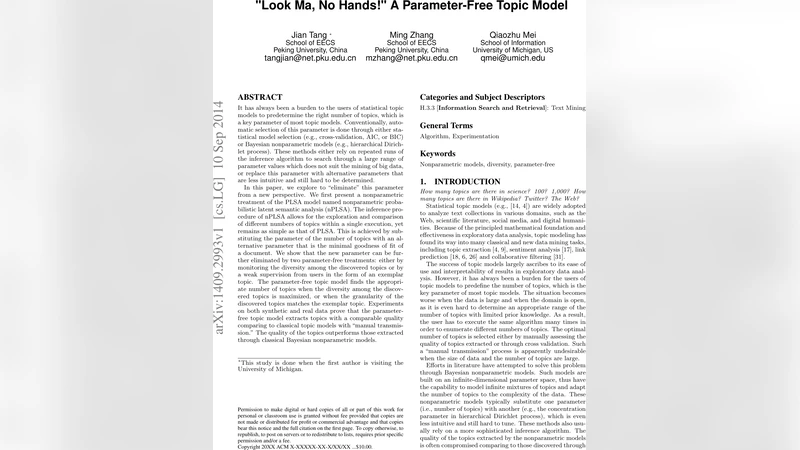 "Look Ma, No Hands!" A Parameter-Free Topic Model