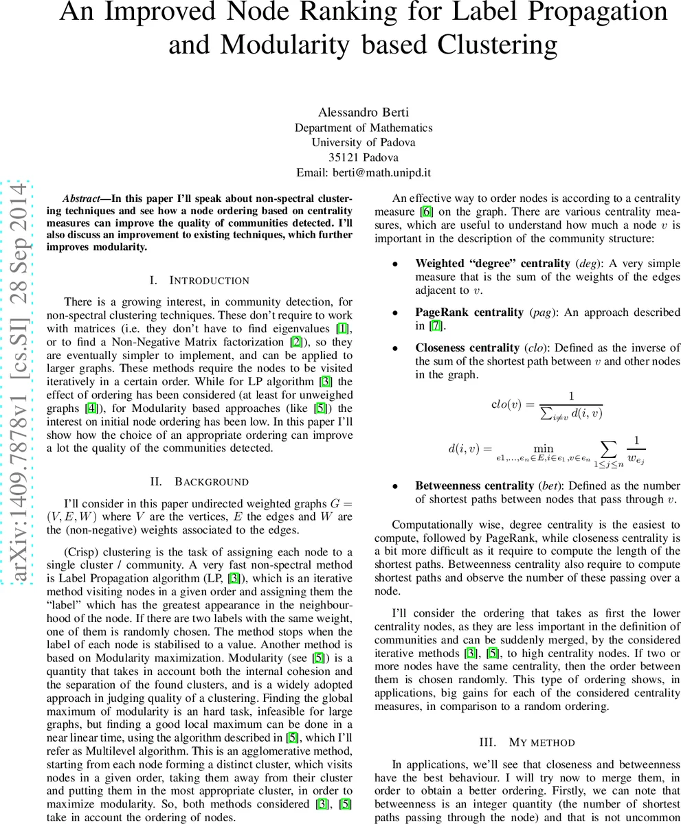 An Improved Node Ranking for Label Propagation and Modularity based   Clustering