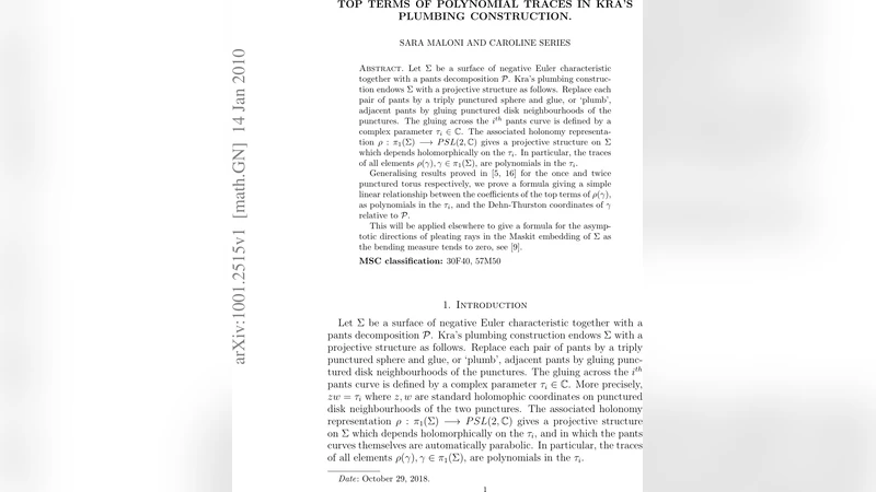 Top terms of polynomial traces in Kras plumbing construction