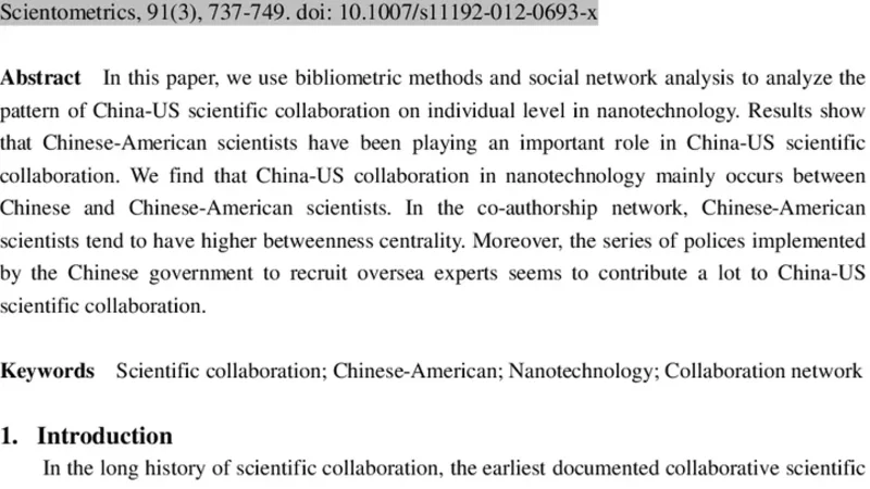 The Role of Chinese-American Scientists in China-US Scientific   Collaboration: A Study in Nanotechnology