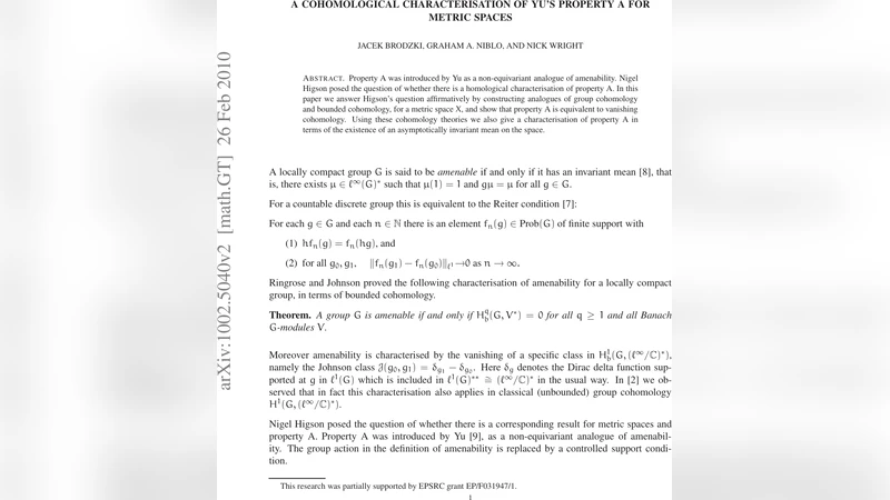 A cohomological characterisation of Yus Property A for metric spaces