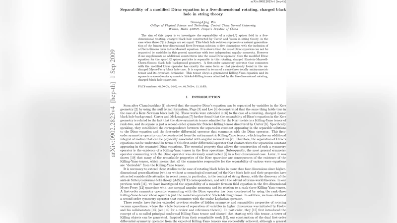 Separability of a modified Dirac equation in a five-dimensional   rotating, charged black hole in string theory