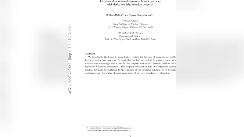 Fermionic dual of one-dimensional bosonic particles with derivative   delta function potential