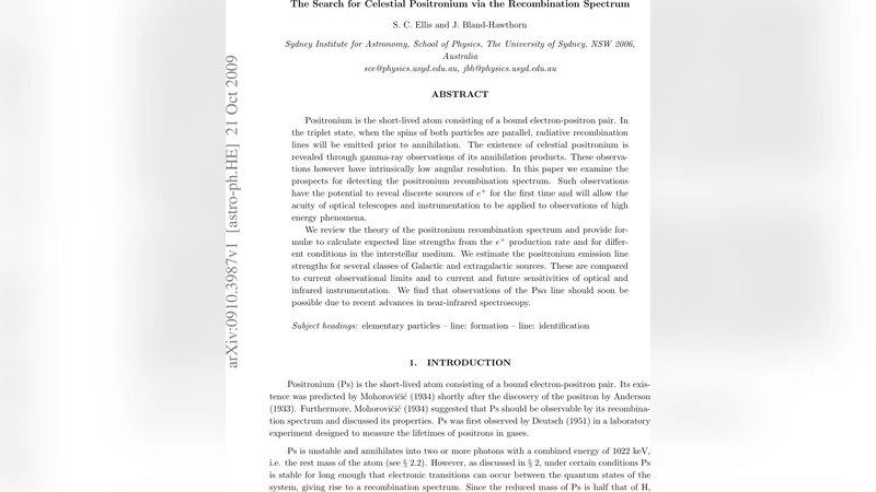 The Search for Celestial Positronium via the Recombination Spectrum