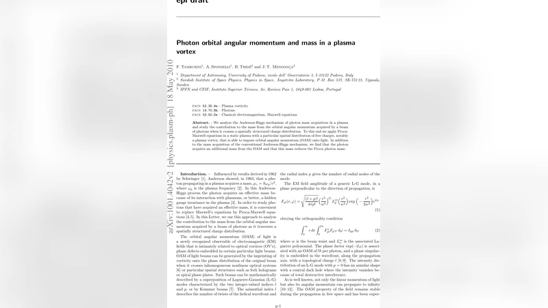 Photon Orbital Angular Momentum and Mass in a Plasma Vortex