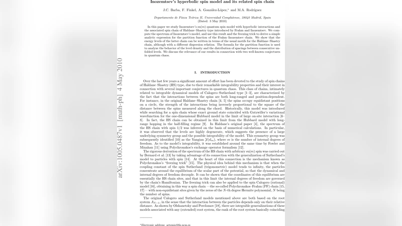 Inozemtsevs hyperbolic spin model and its related spin chain