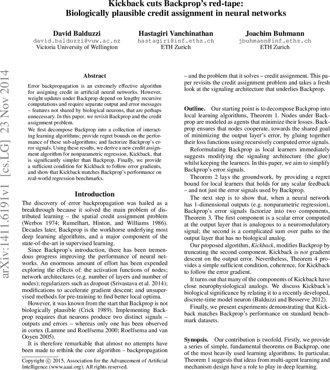 Kickback cuts Backprops red-tape: Biologically plausible credit   assignment in neural networks