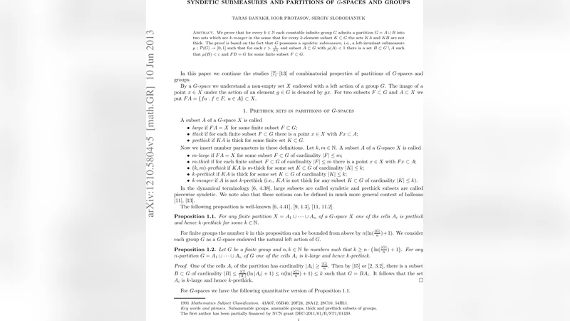 Syndetic submeasures and partitions of $G$-spaces and groups