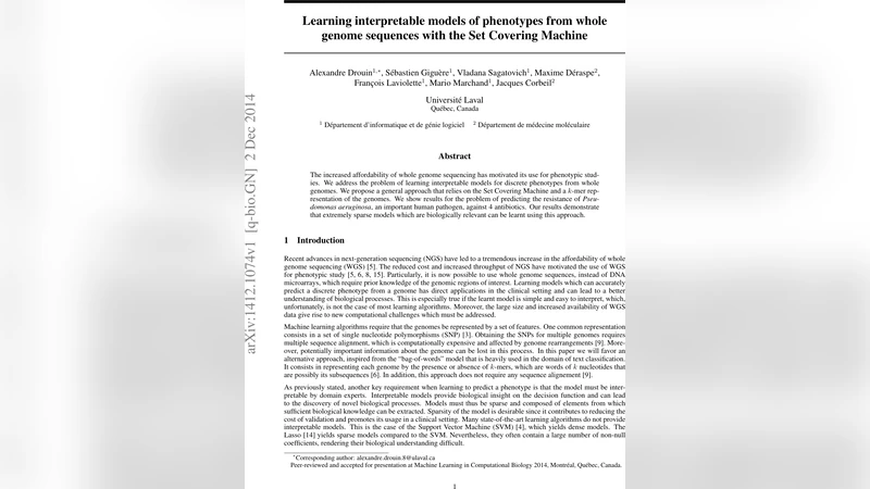 Learning interpretable models of phenotypes from whole genome sequences   with the Set Covering Machine