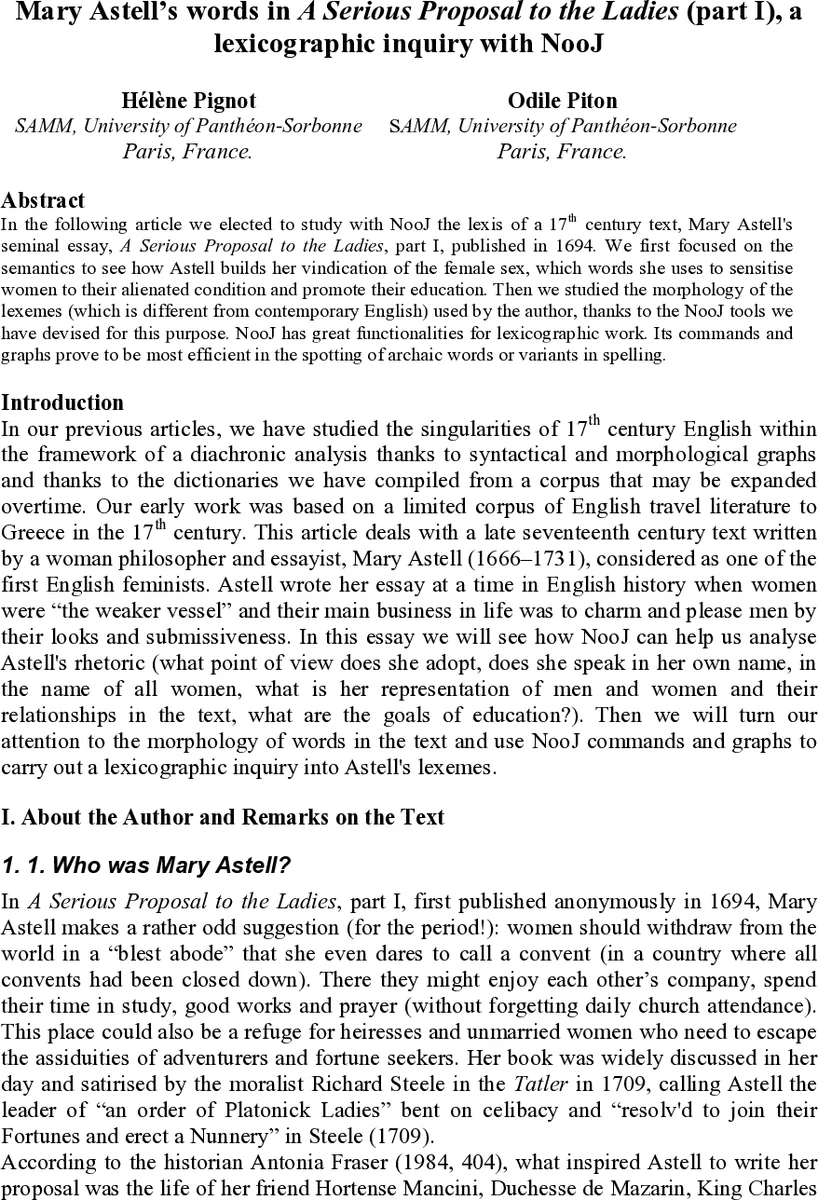 Mary Astells words in A Serious Proposal to the Ladies (part I), a   lexicographic inquiry with NooJ