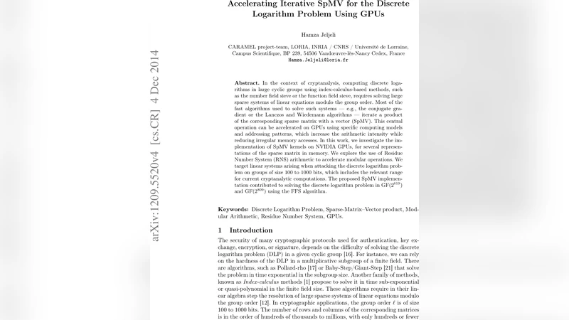 Accelerating Iterative SpMV for Discrete Logarithm Problem Using GPUs