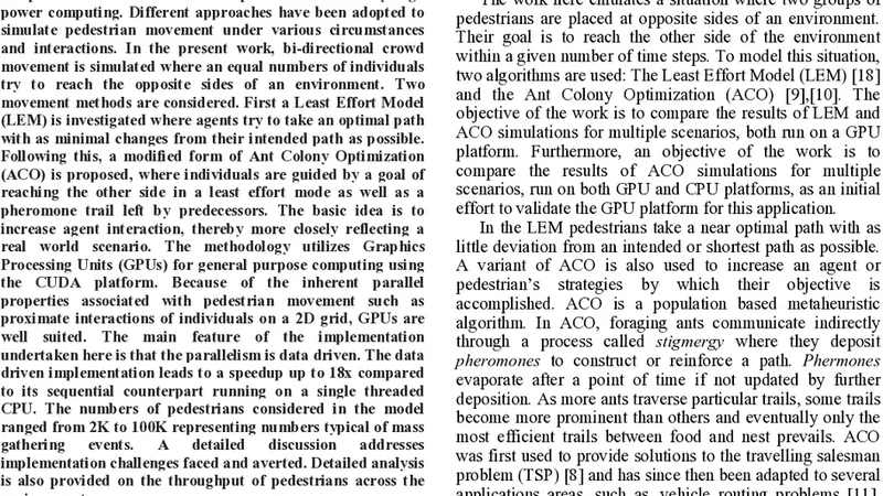 GPU accelerated Nature Inspired Methods for Modelling Large Scale   Bi-Directional Pedestrian Movement