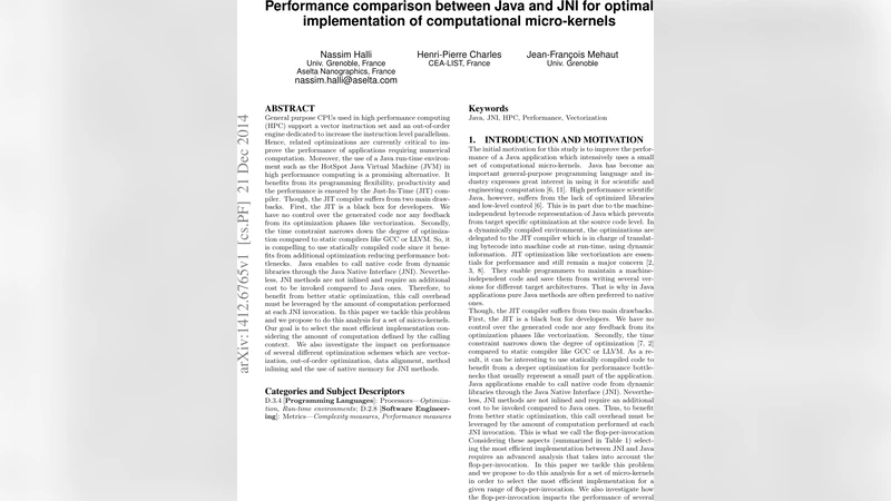 Performance comparison between Java and JNI for optimal implementation   of computational micro-kernels