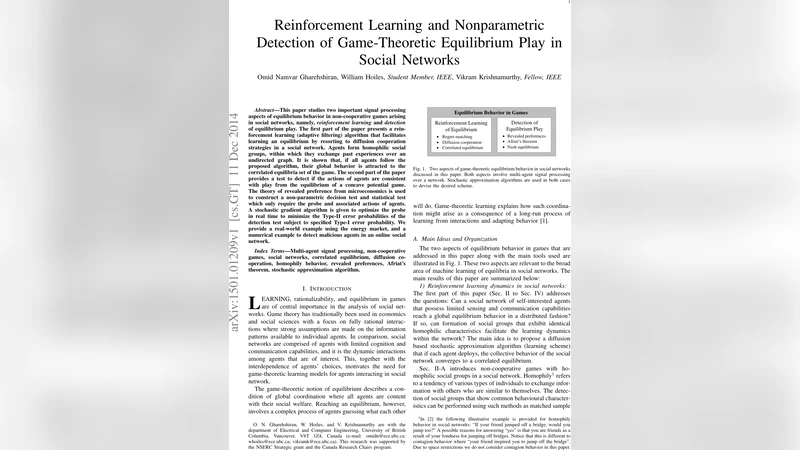 Reinforcement Learning and Nonparametric Detection of Game-Theoretic   Equilibrium Play in Social Networks
