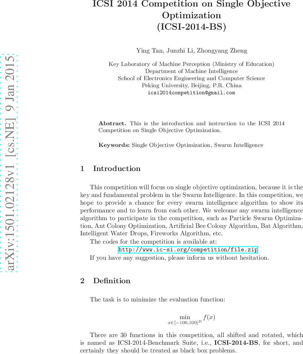 Introduction and Ranking Results of the ICSI 2014 Competition on Single   Objective Optimization