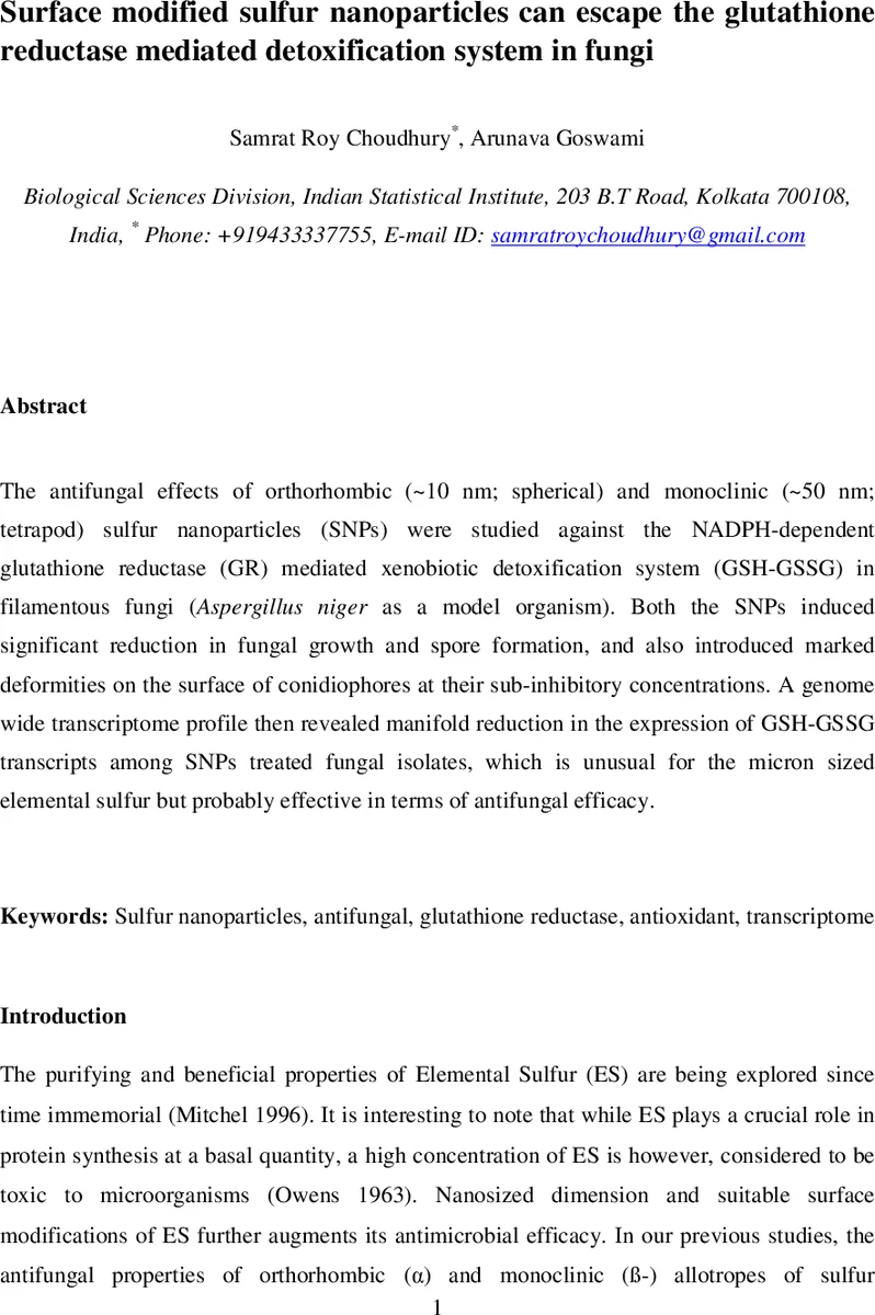 Surface modified sulfur nanoparticles can escape the glutathione   reductase mediated detoxification system in fungi