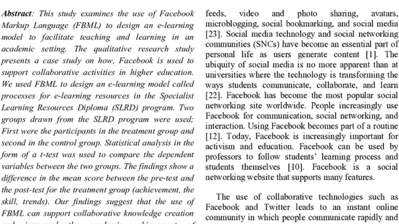 The effect of using facebook markup language (fbml) for designing an   e-learning model in higher education