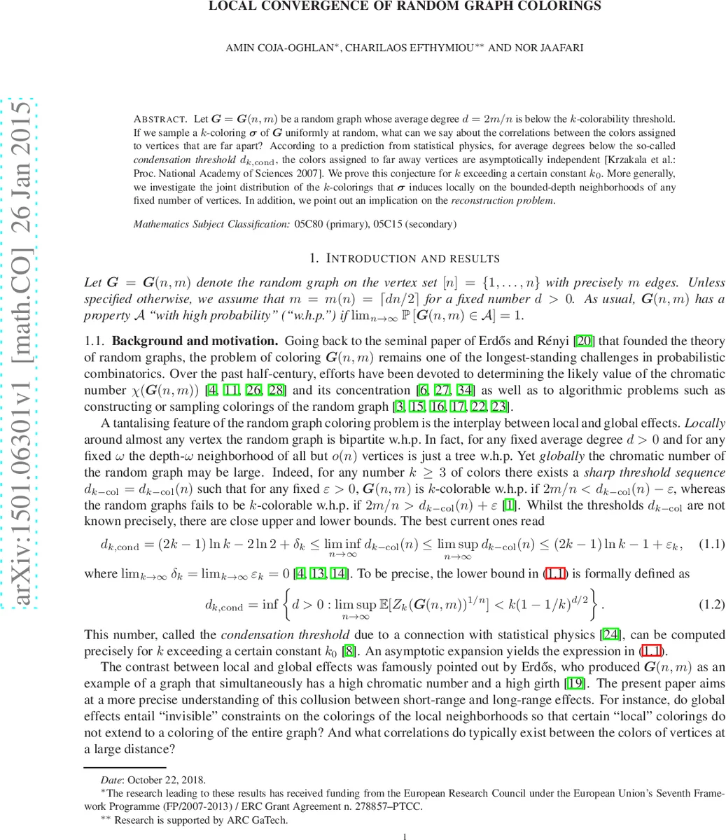 Local convergence of random graph colorings