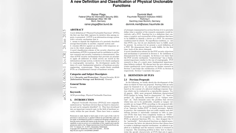 A new Definition and Classification of Physical Unclonable Functions