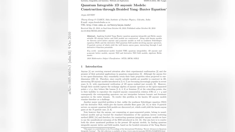 Quantum Integrable 1D anyonic Models: Construction through Braided   Yang-Baxter Equation