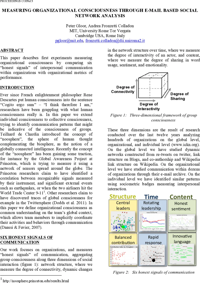 Measuring Organizational Consciousness Through E-Mail Based Social   Network Analysis