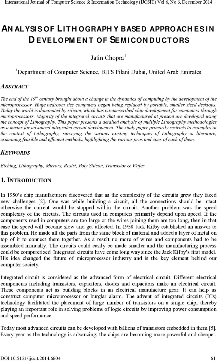 Analysis of Lithography Based Approaches In development of Semi   Conductors