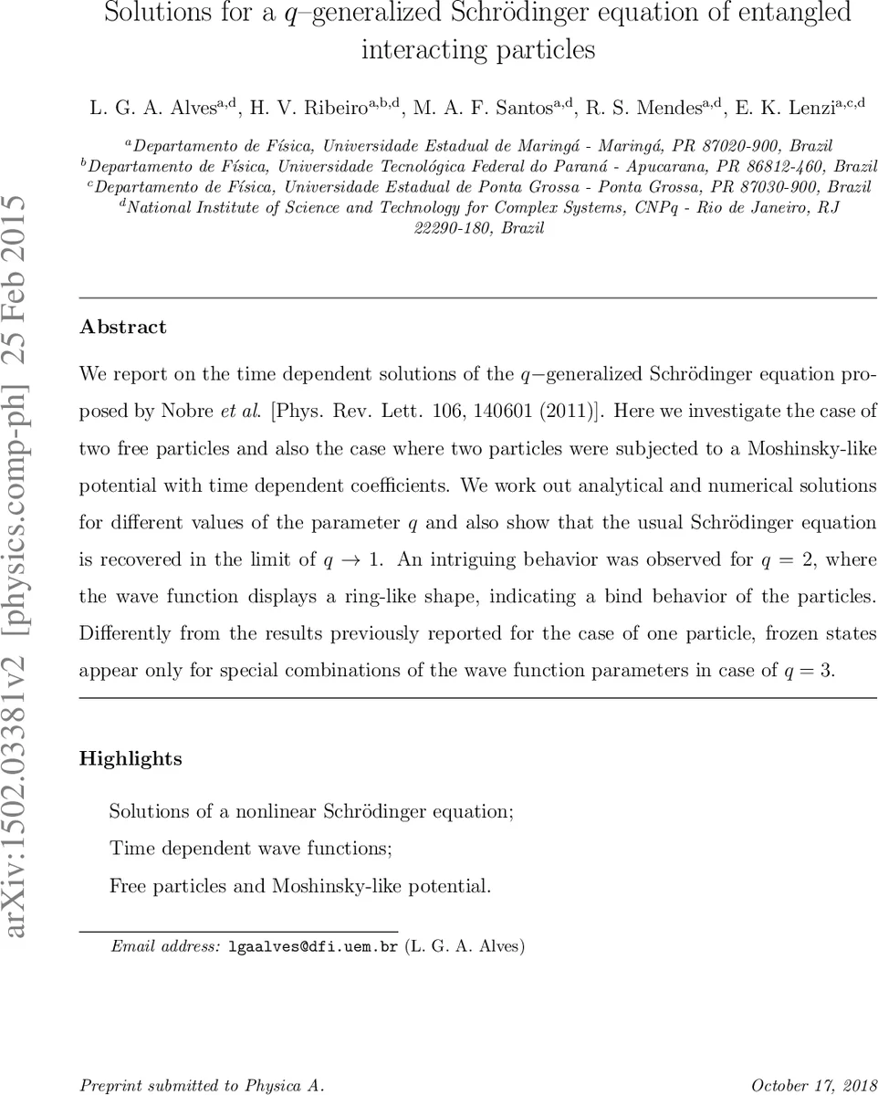Solutions for a q-generalized Schr"odinger equation of entangled   interacting particles