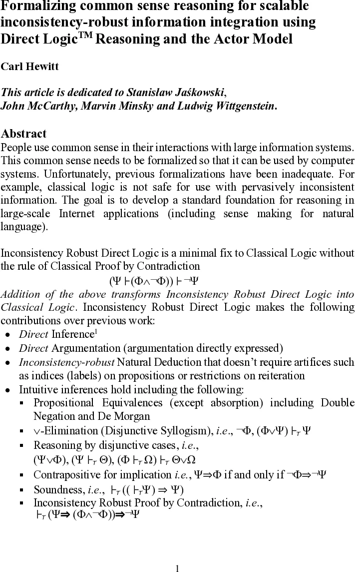 Formalizing common sense for scalable inconsistency-robust information   integration using Direct Logic(TM) reasoning and the Actor Model