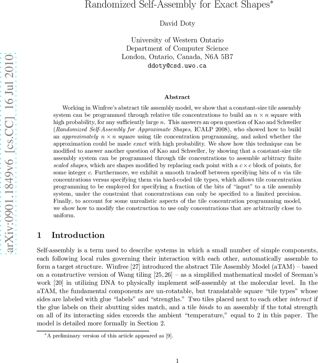 Randomized Self-Assembly for Exact Shapes