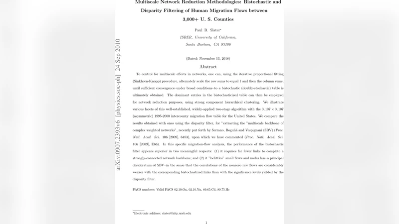Multiscale Network Reduction Methodologies: Bistochastic and Disparity   Filtering of Human Migration Flows between 3,000+ U. S. Counties