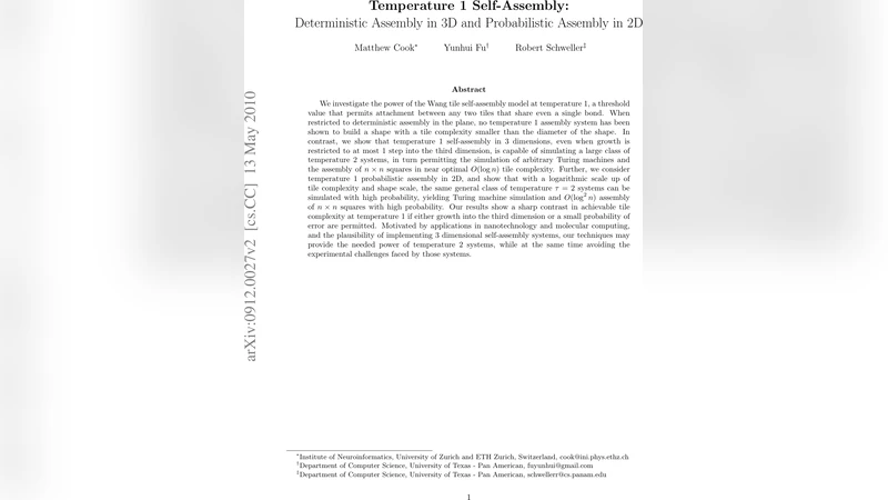 Temperature 1 Self-Assembly: Deterministic Assembly in 3D and   Probabilistic Assembly in 2D