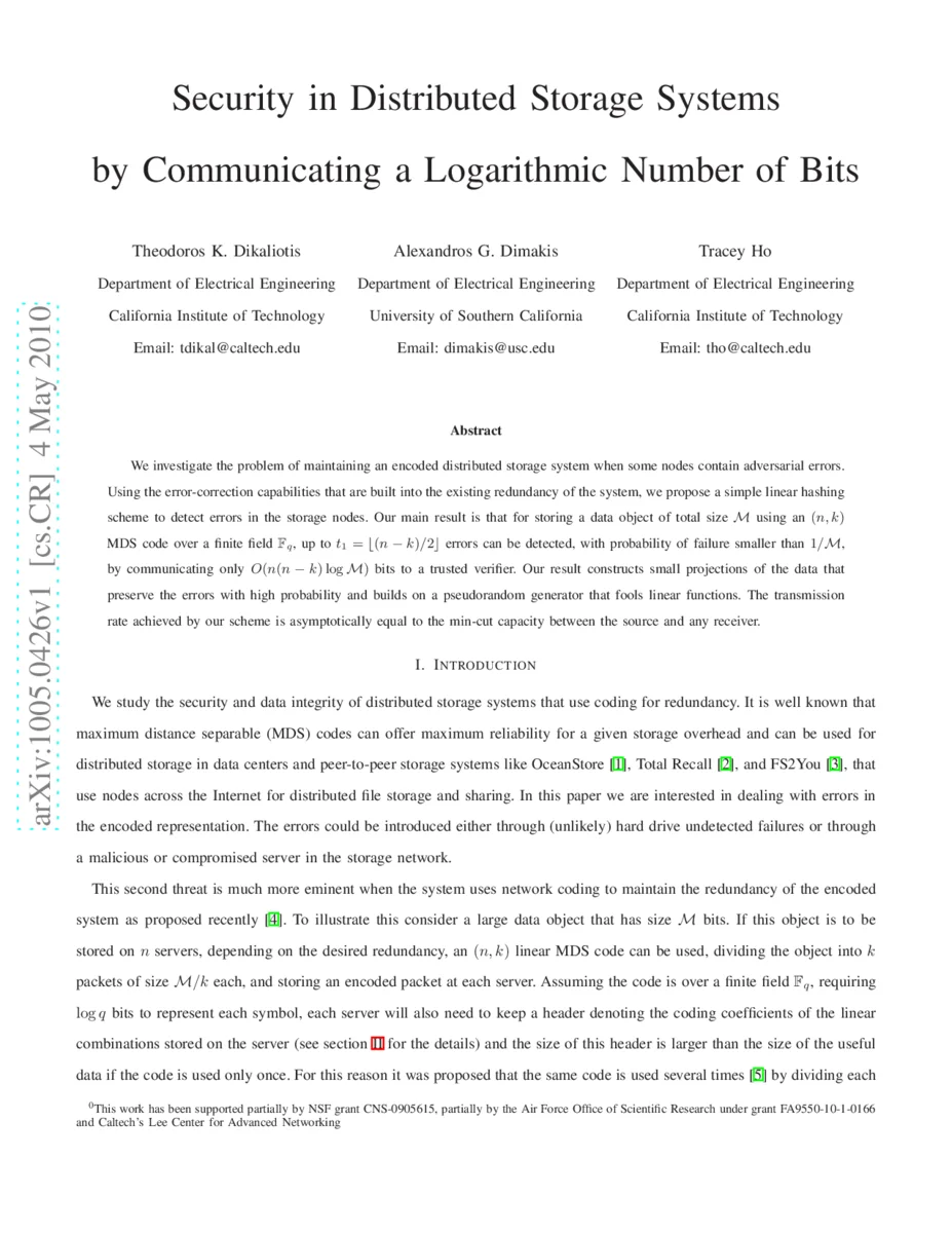 Security in Distributed Storage Systems by Communicating a Logarithmic   Number of Bits