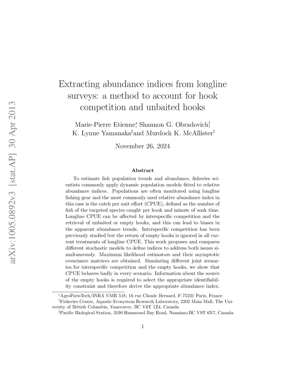 Extracting abundance indices from longline surveys : method to account   for hook competition and unbaited hooks
