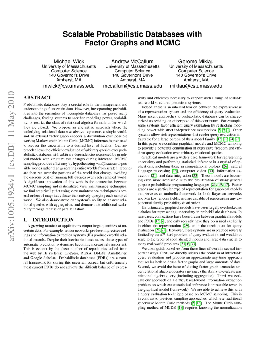 Scalable Probabilistic Databases with Factor Graphs and MCMC