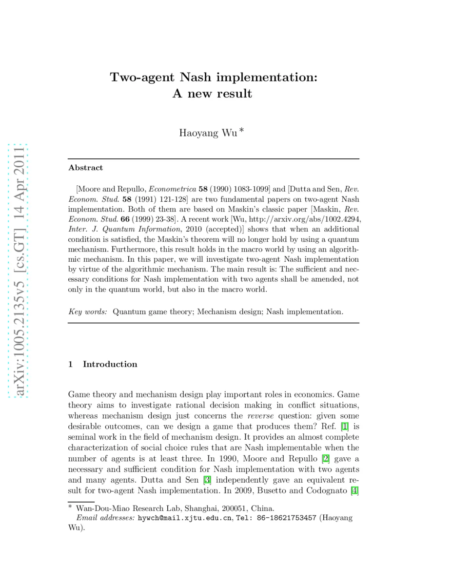 Two-agent Nash implementation: A new result