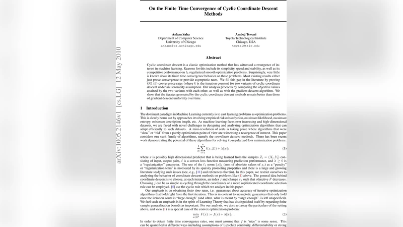 On the Finite Time Convergence of Cyclic Coordinate Descent Methods