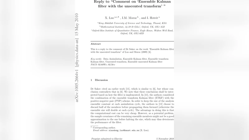 Reply to "Comment on Ensemble Kalman filter with the unscented   transform"